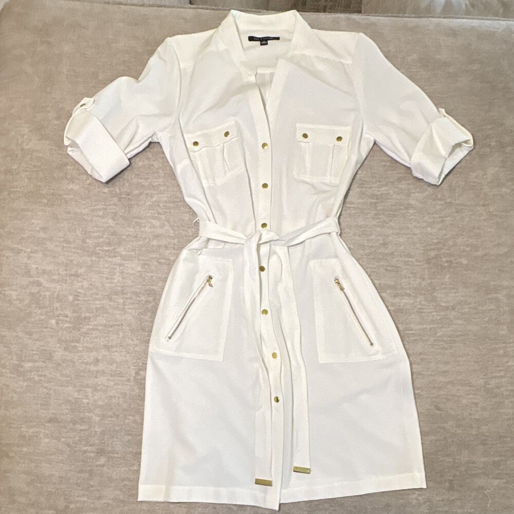 Zac & Rachel Women’s 12 White Shirt Dress Collared 3/4 Roll Tab Belted Pockets